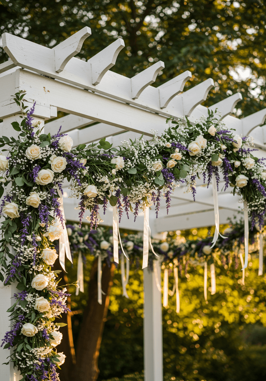 Wide view of white pergola decorated with flowing lavender garlands in garden setting