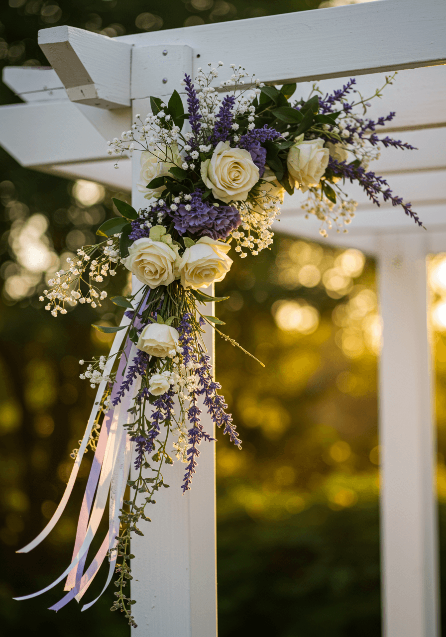 Delicate lavender and white flower garlands hanging gracefully from white pergola in golden hour