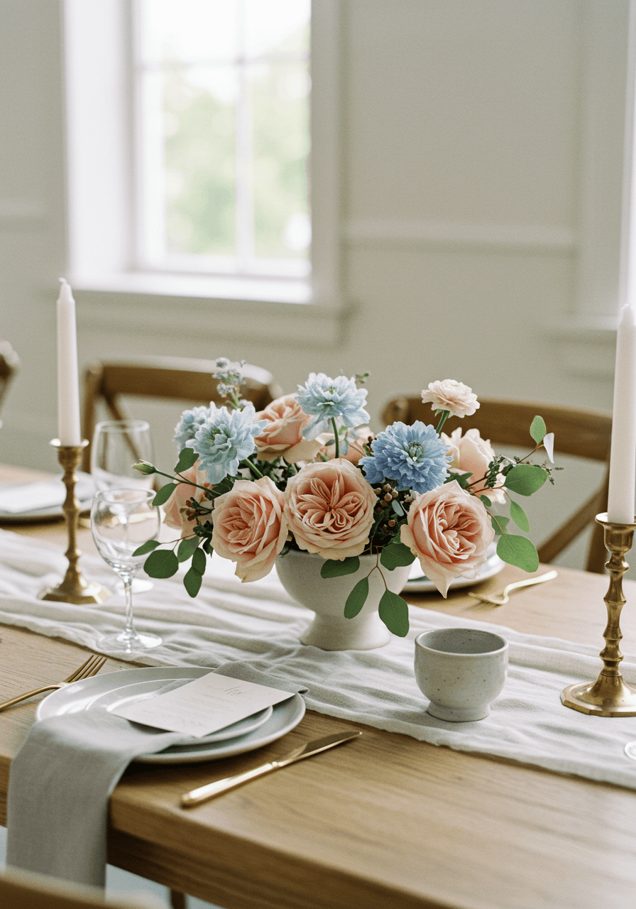 Close-up of single ceramic vessel with delicate dusty blue and cream wedding flowers