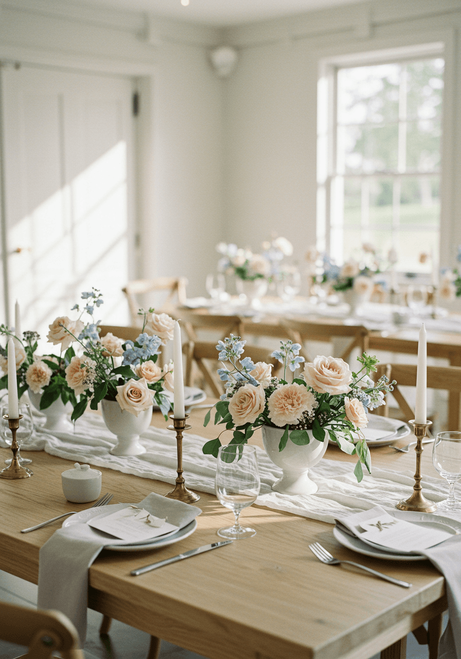 Muted pastel wedding florals in soft blush and sage green arranged in ceramic vessels