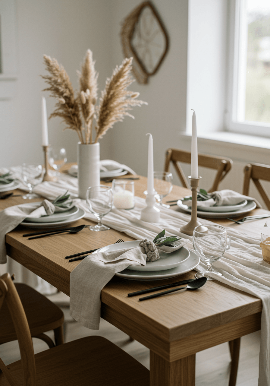 Nordic-inspired wedding place settings with white ceramics and natural wood chargers on farmhouse table