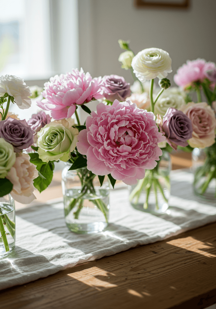 Close-up detail of delicate peony petals in pastel wedding centerpiece arrangement