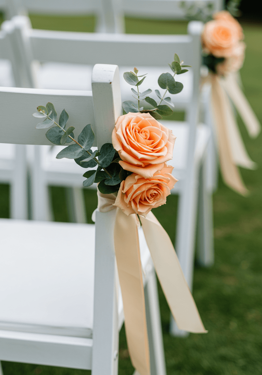 Elegant peach rose and eucalyptus arrangements attached to white wooden ceremony chairs