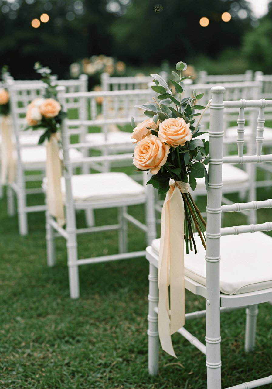 Row of white ceremony chairs decorated with soft peach florals and flowing ribbons