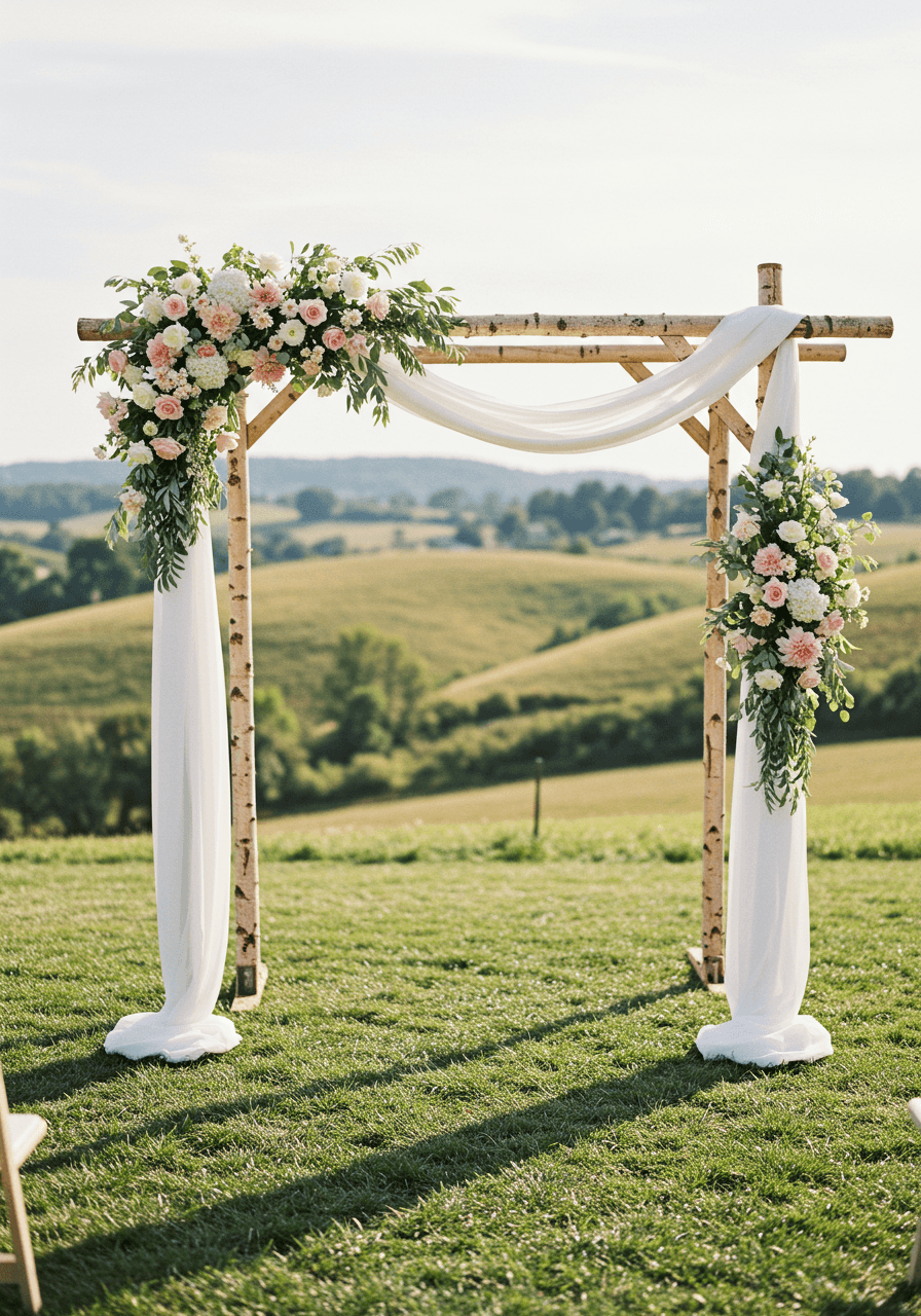 Rustic wooden wedding arch decorated with pale pink and white flowers in outdoor setting