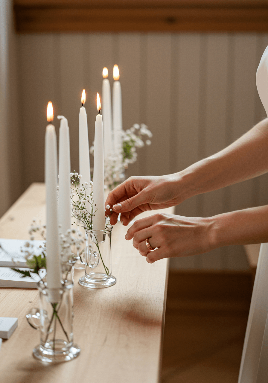 Bride's hands arranging white taper candles in glass holders on minimalist wooden ceremony table