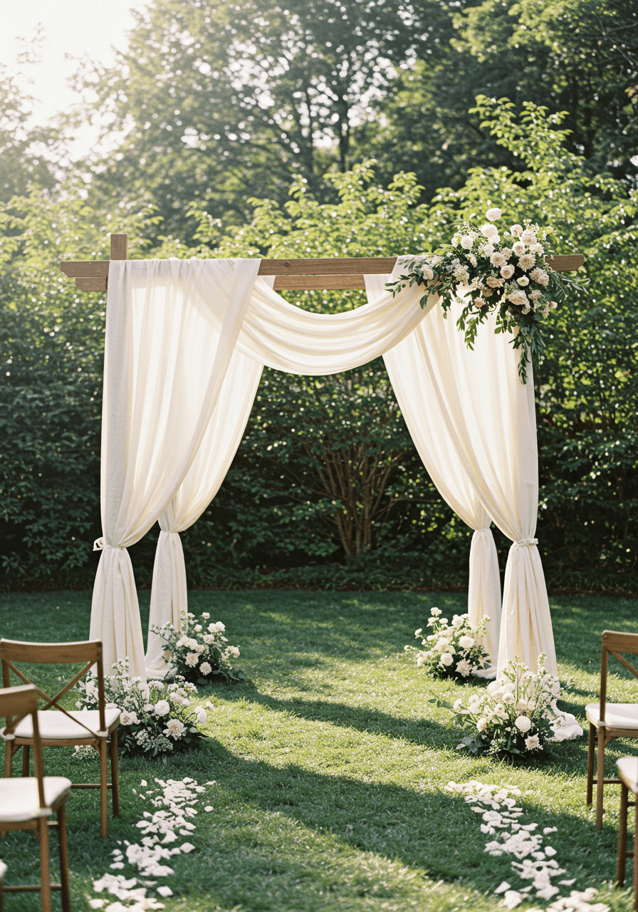 Soft ivory linen draping elegantly from wooden ceremony arches in minimalist garden setting