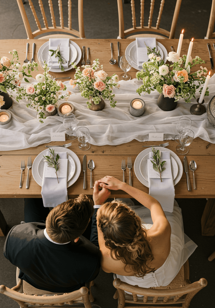Overhead view of hands reaching across elegantly set Scandinavian wedding reception table