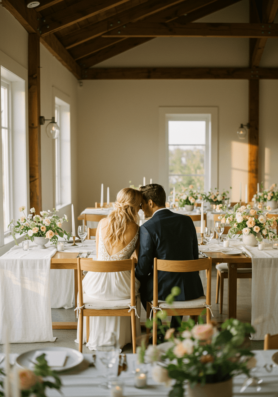 Couple sitting together at wooden dining table with white linens during golden hour reception