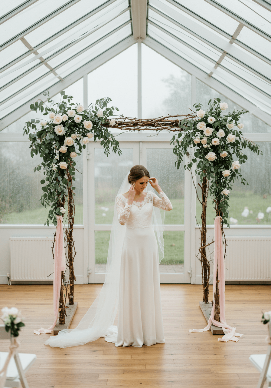 Elegant scene of bride adjusting veil under eucalyptus-decorated branch arch in glass venue