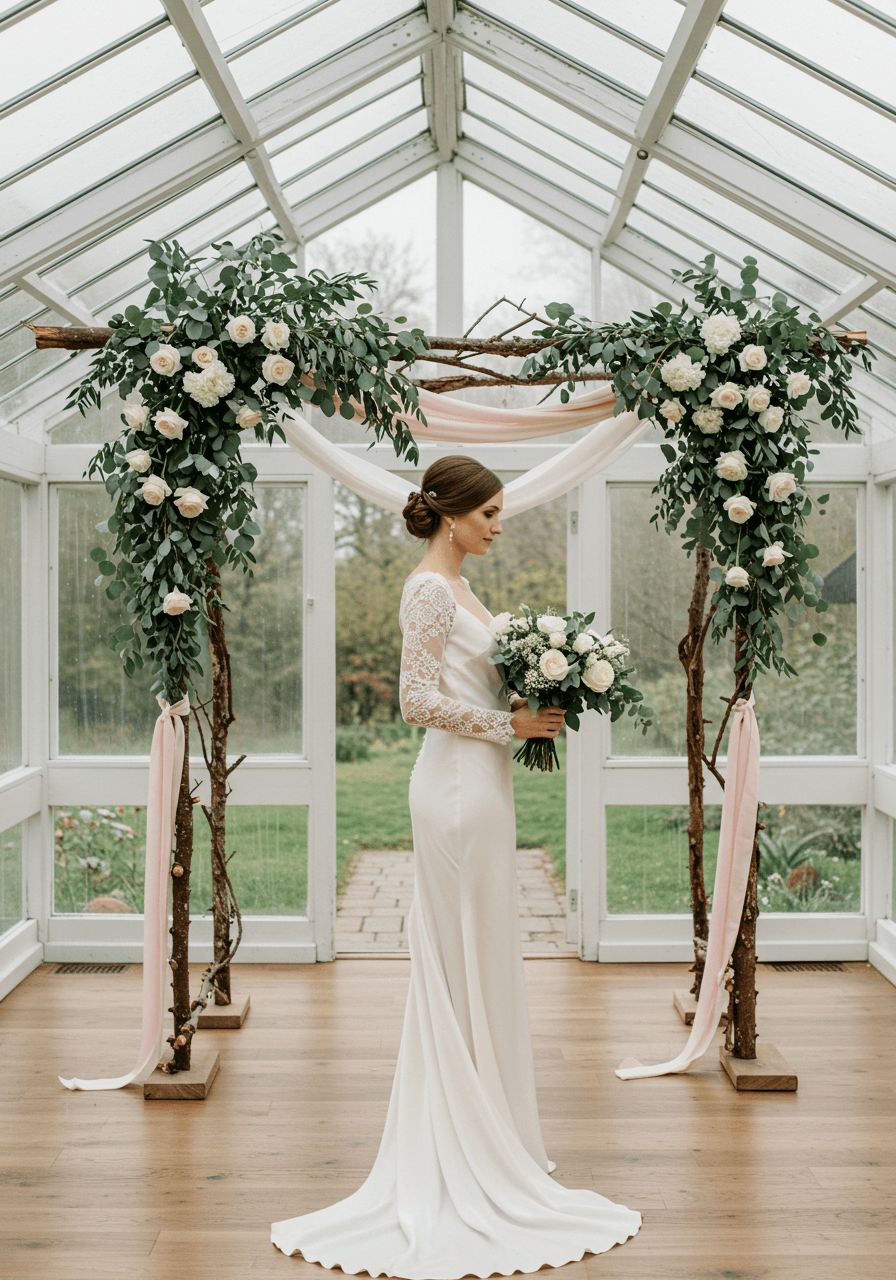 Bride in ivory silk dress with lace sleeves beneath asymmetrical branch arch in greenhouse venue
