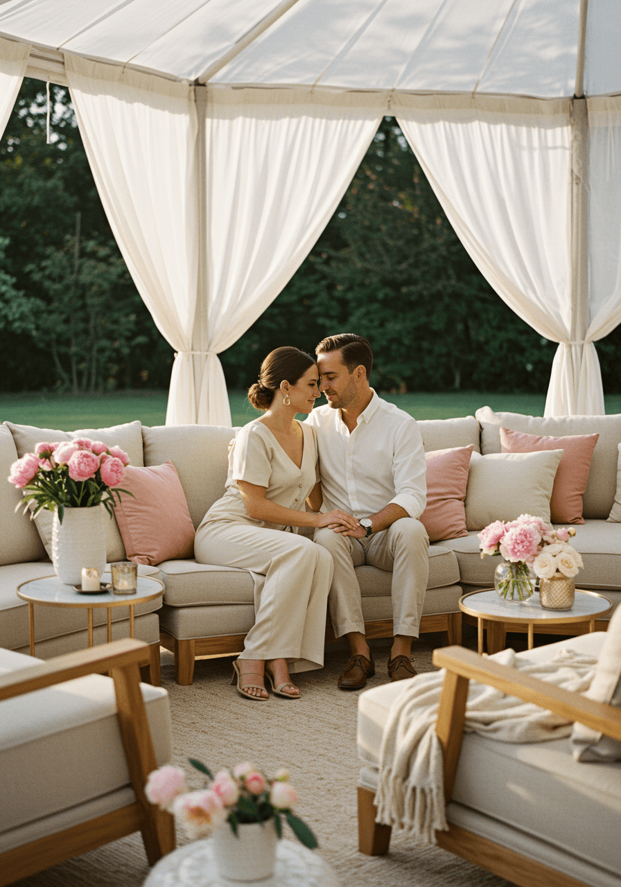 Intimate conversation scene with couple on cream outdoor furniture with pink accent pillows