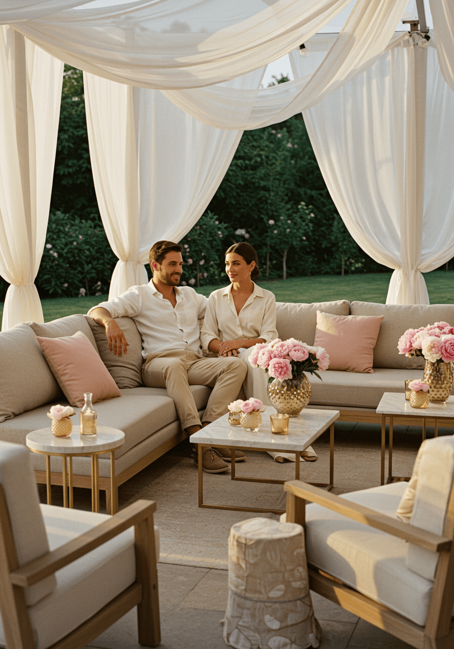 Couple relaxing on neutral-toned sectional sofa in elegant outdoor wedding lounge area