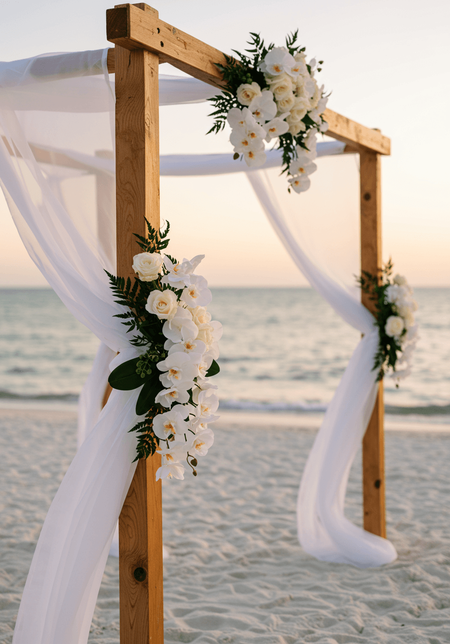Close-up detail of white orchid and trailing ribbon decoration on geometric wooden arch