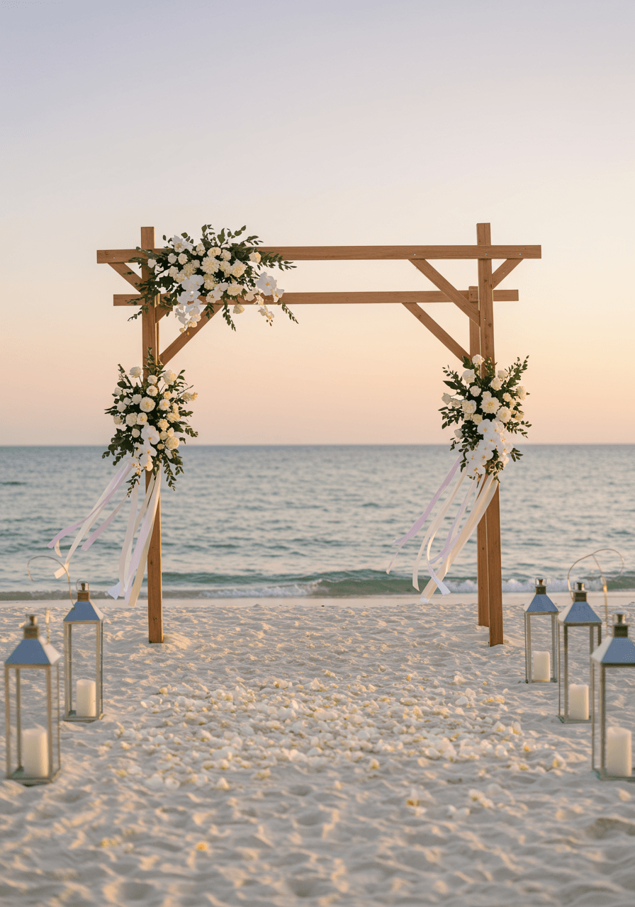 Sleek wooden arch with straight lines adorned with white orchids on pristine beach setting