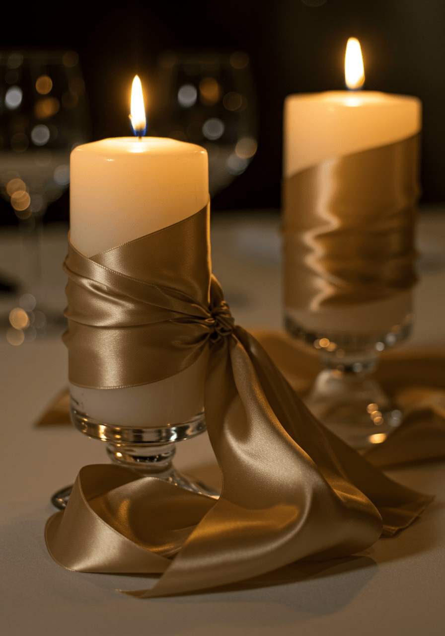 Close-up macro shot of champagne satin ribbon artfully wound around crystal candlestick holder