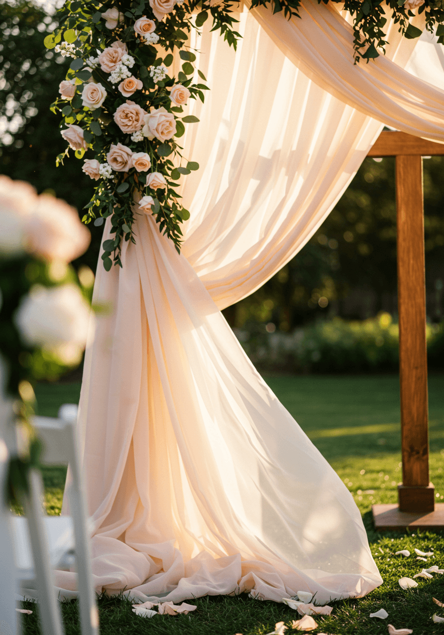 Close-up detail of chiffon fabric draping technique behind outdoor ceremony altar