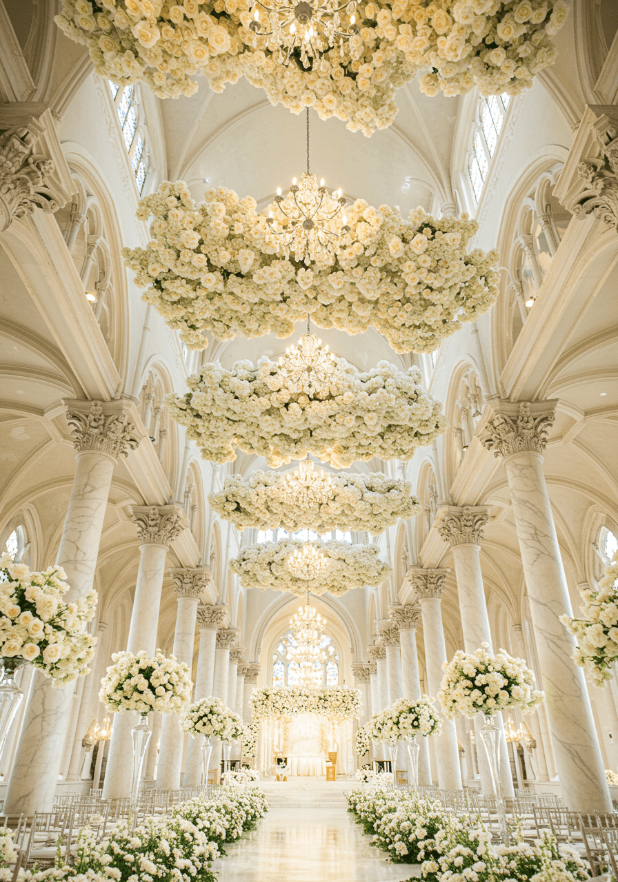 Magnificent cathedral wedding with soaring white marble columns and cascading rose installations creating heavenly sanctuary