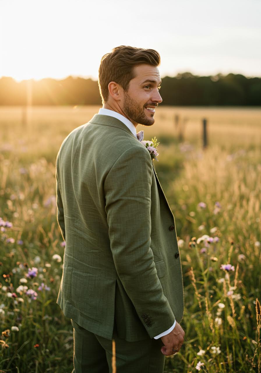 Contemplative groom in olive suit with shoulder glance pose in meadow setting