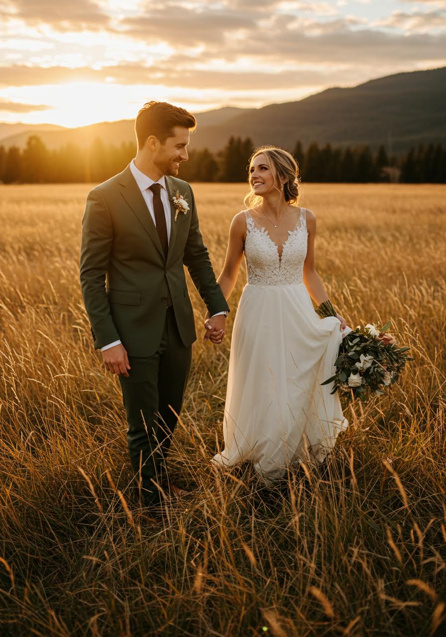 Tender embrace in mountain field setting with dramatic sunset and olive suited groom