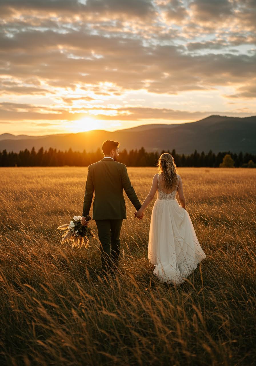 Couple walking hand in hand across mountain field at sunset with groom in olive suit