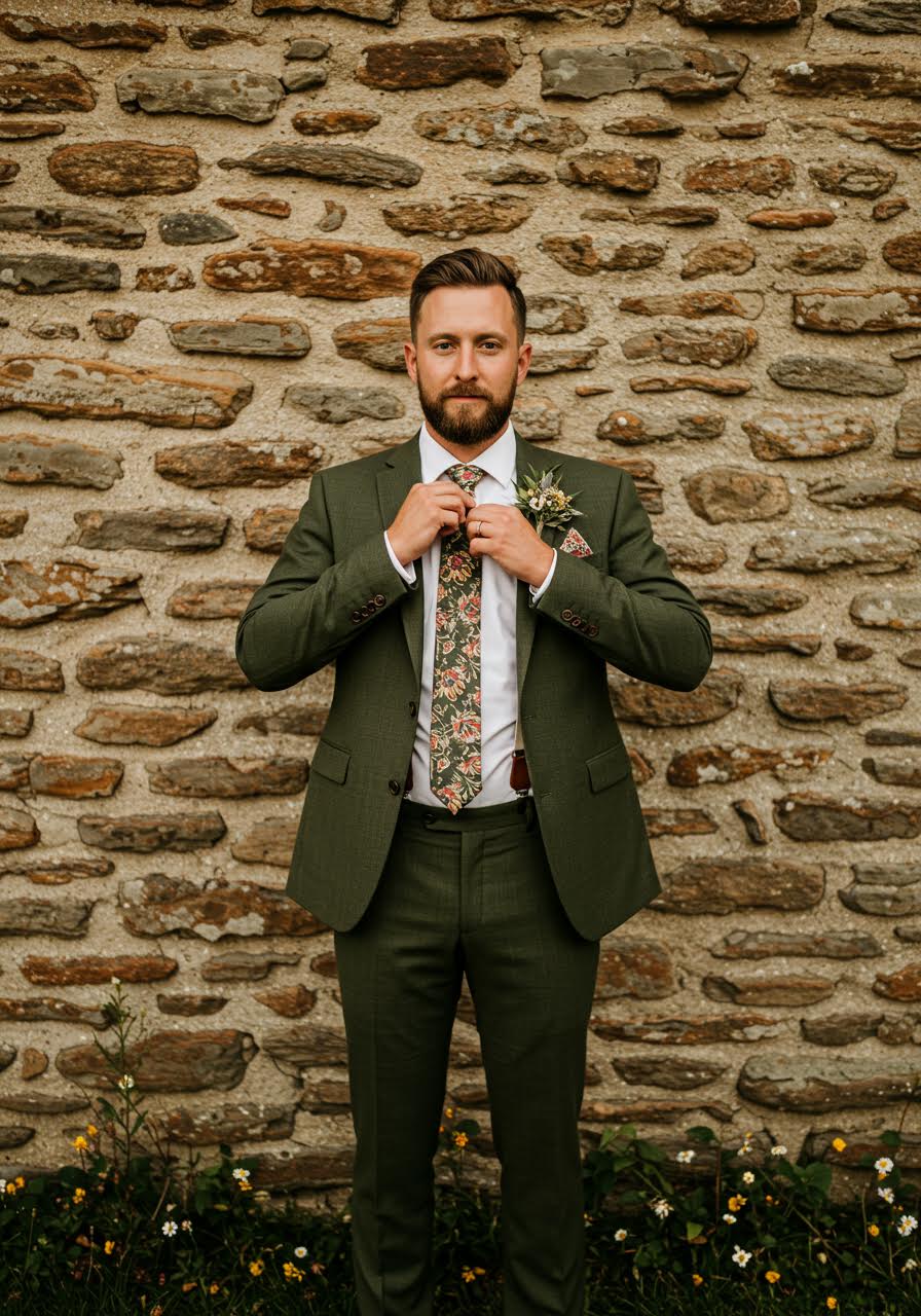 Groom adjusting tie against ancient fieldstone wall in sophisticated olive suit