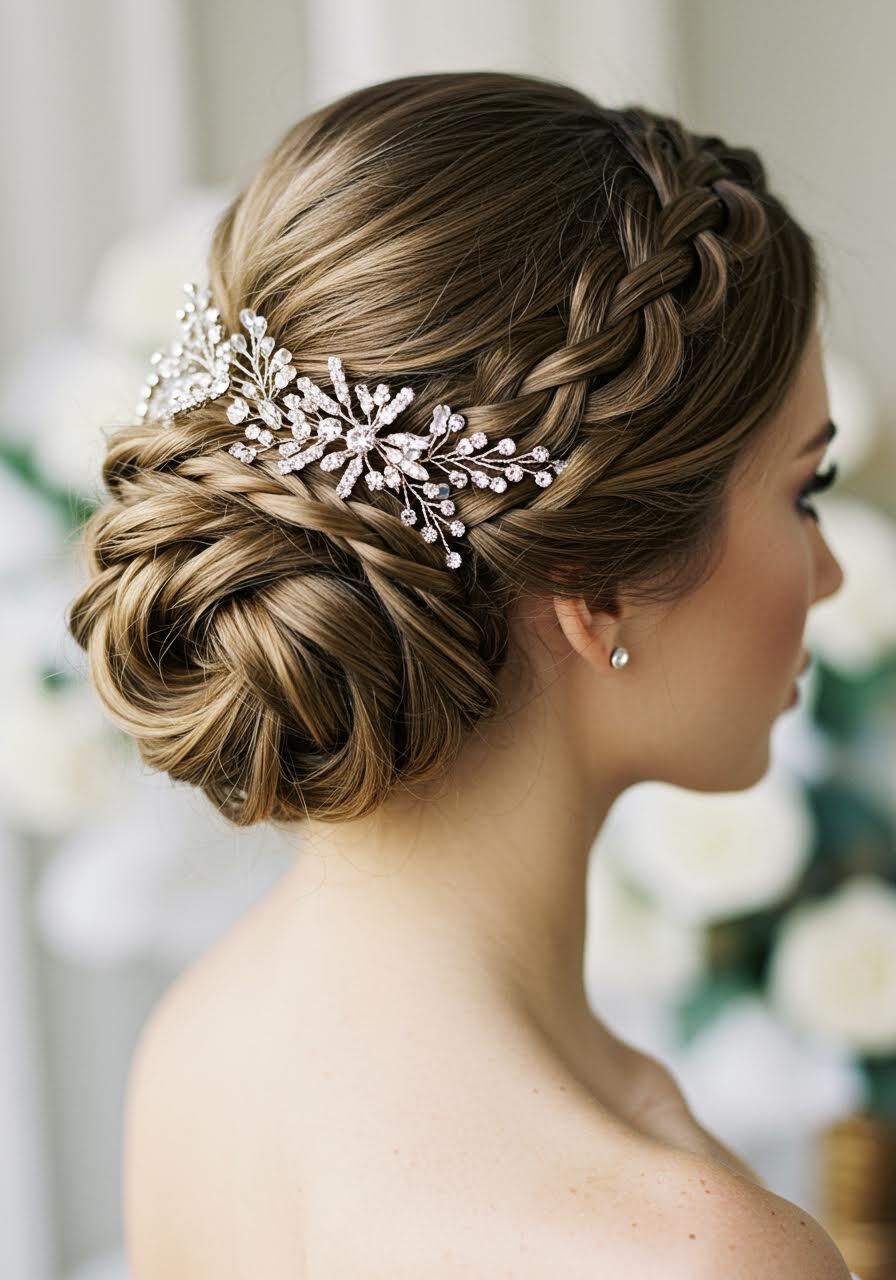 Macro detail shot of braided chignon with sparkling crystal hair vine
