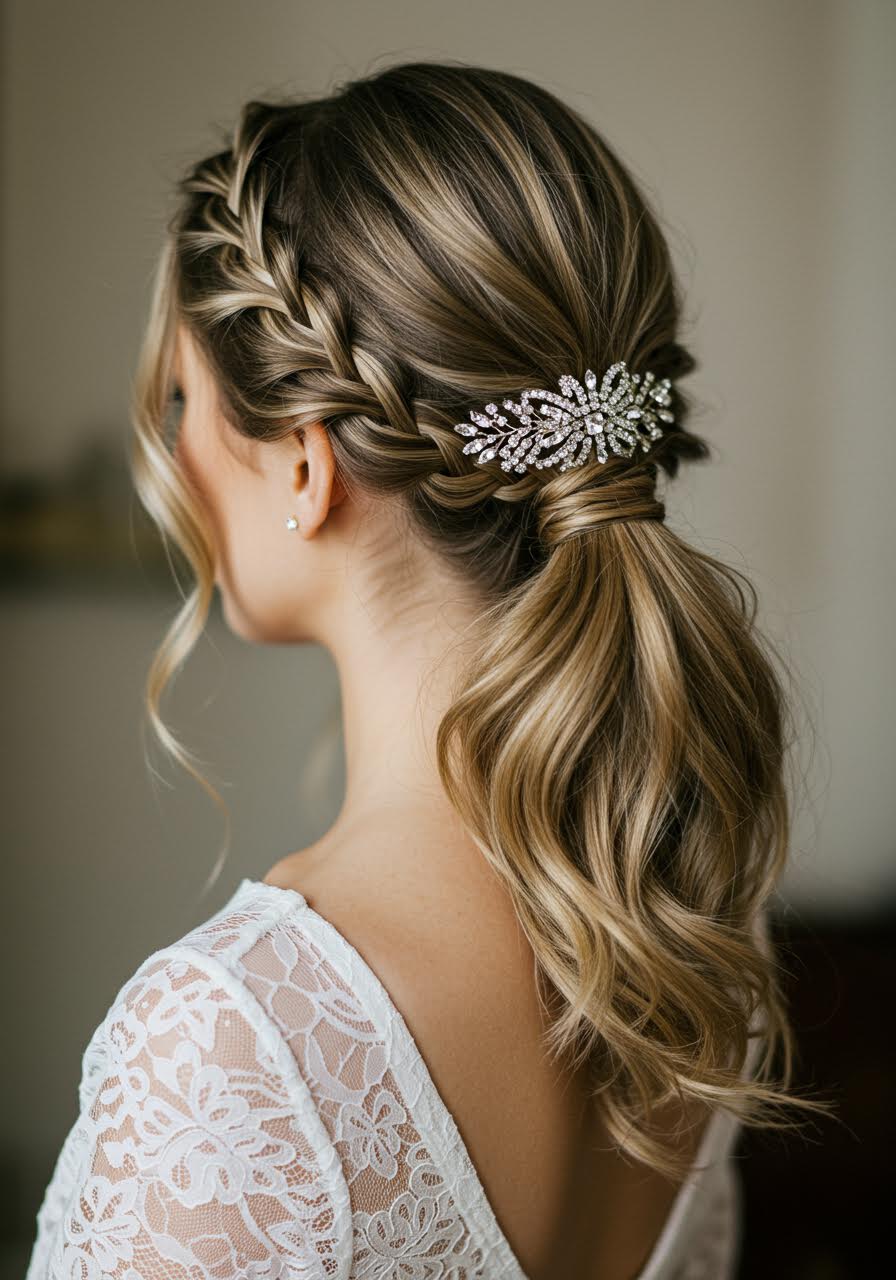 Detailed view of braided low ponytail creation in elegant bridal suite