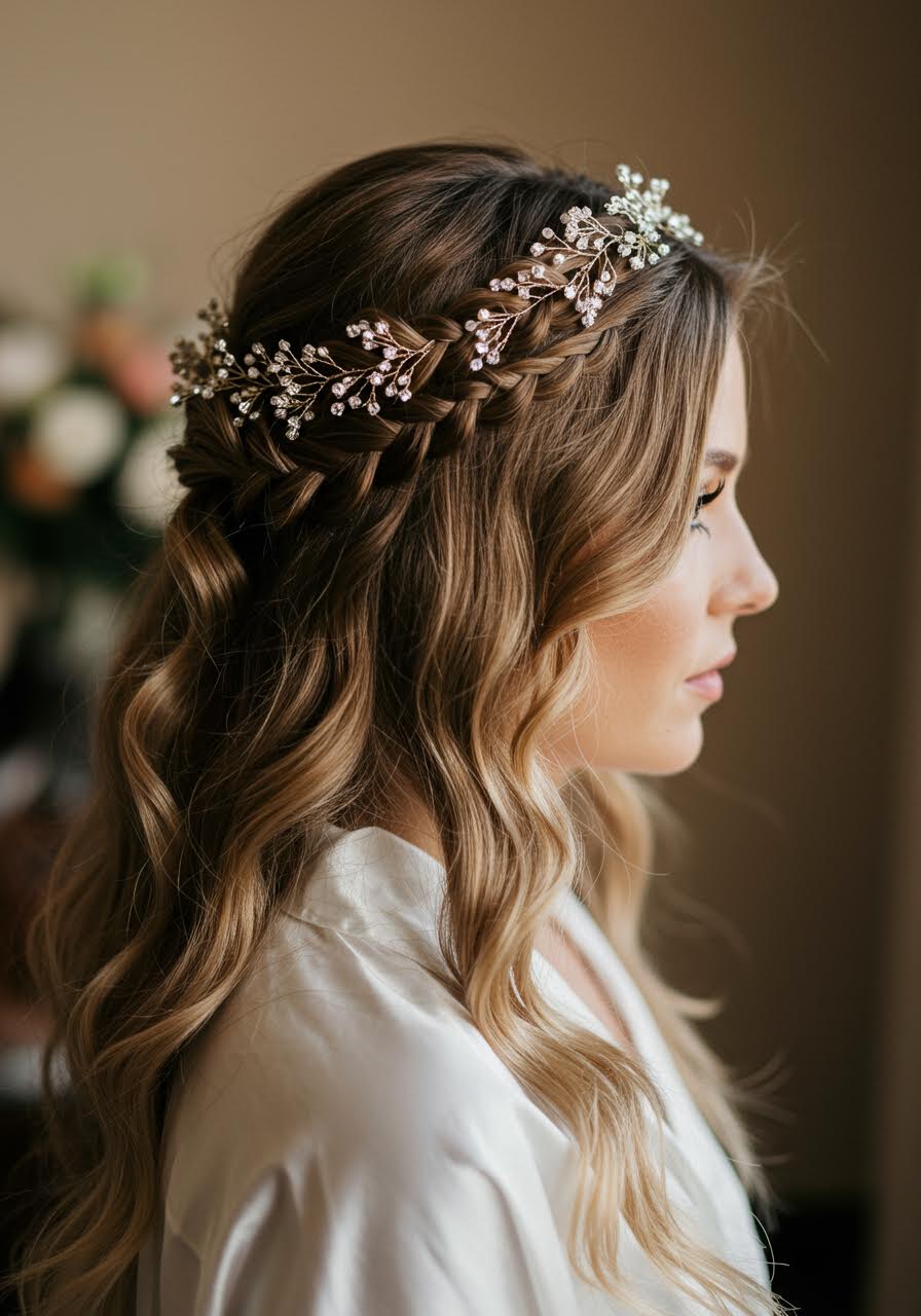 Close-up profile of double-braided headband in warm golden hour lighting