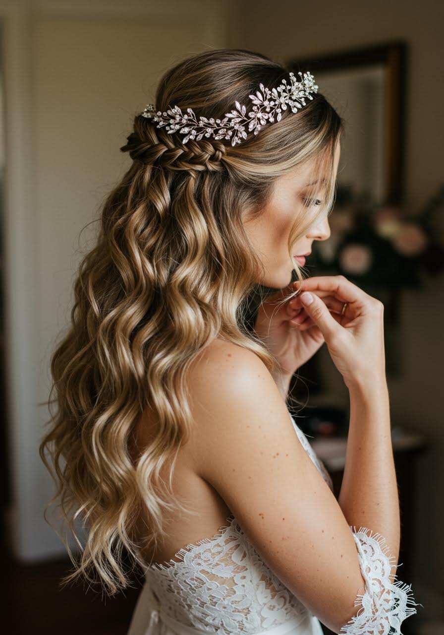 Bride adjusting double-braided headband in beautiful golden hour light