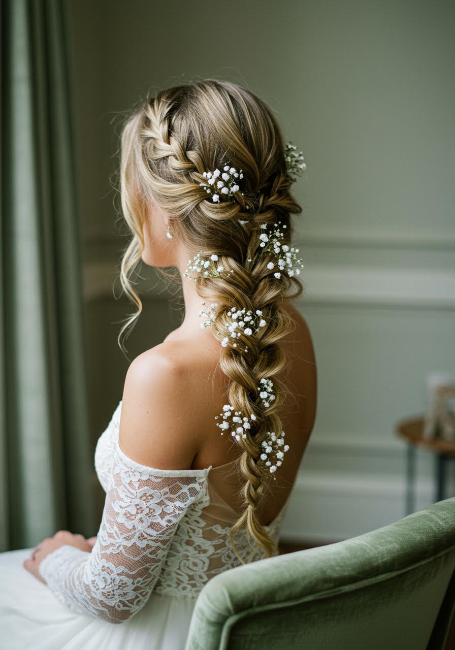 Side view of Dutch braid incorporating delicate baby's breath flowers