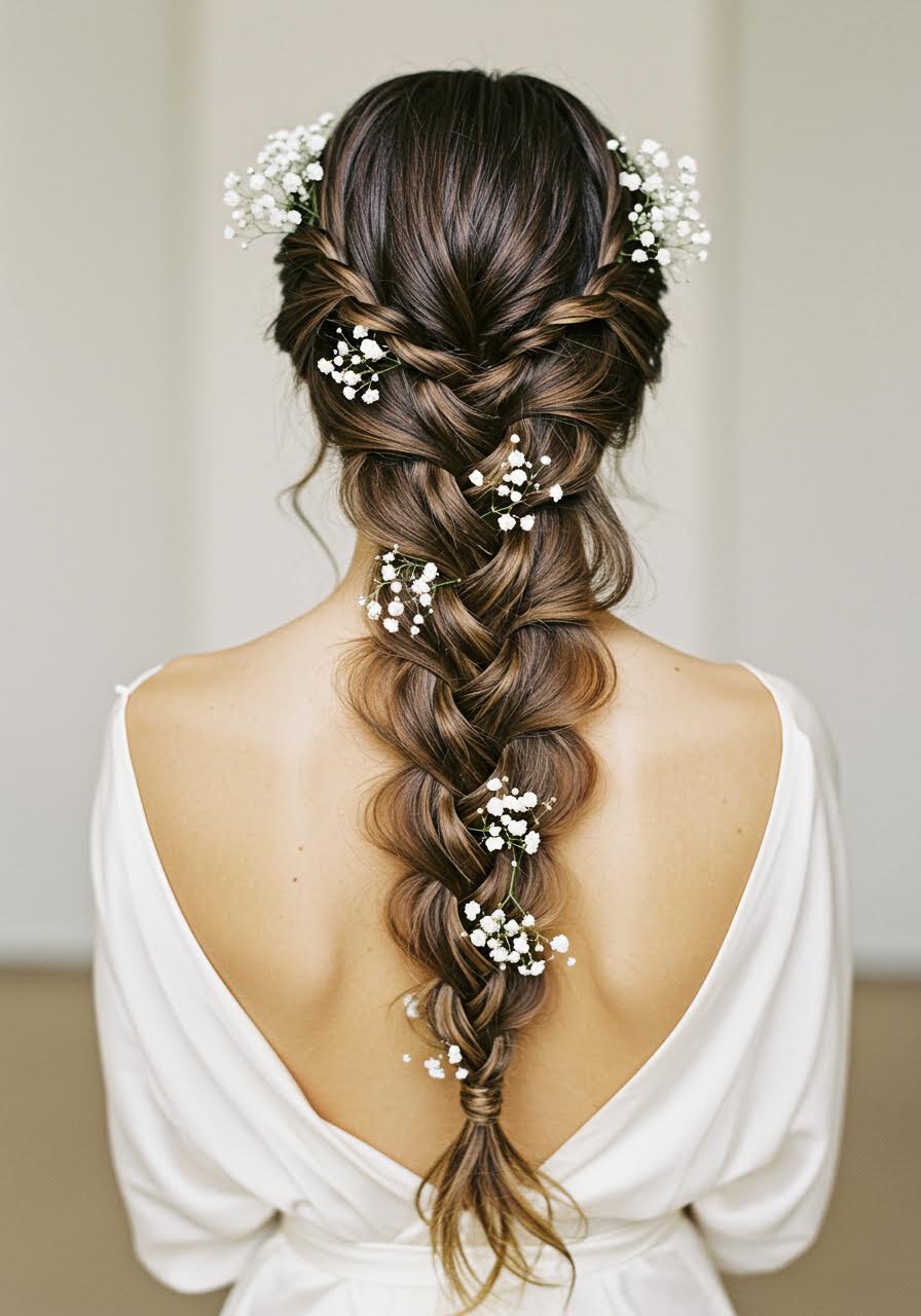 Angled view of pull-through braid with delicate baby's breath accents