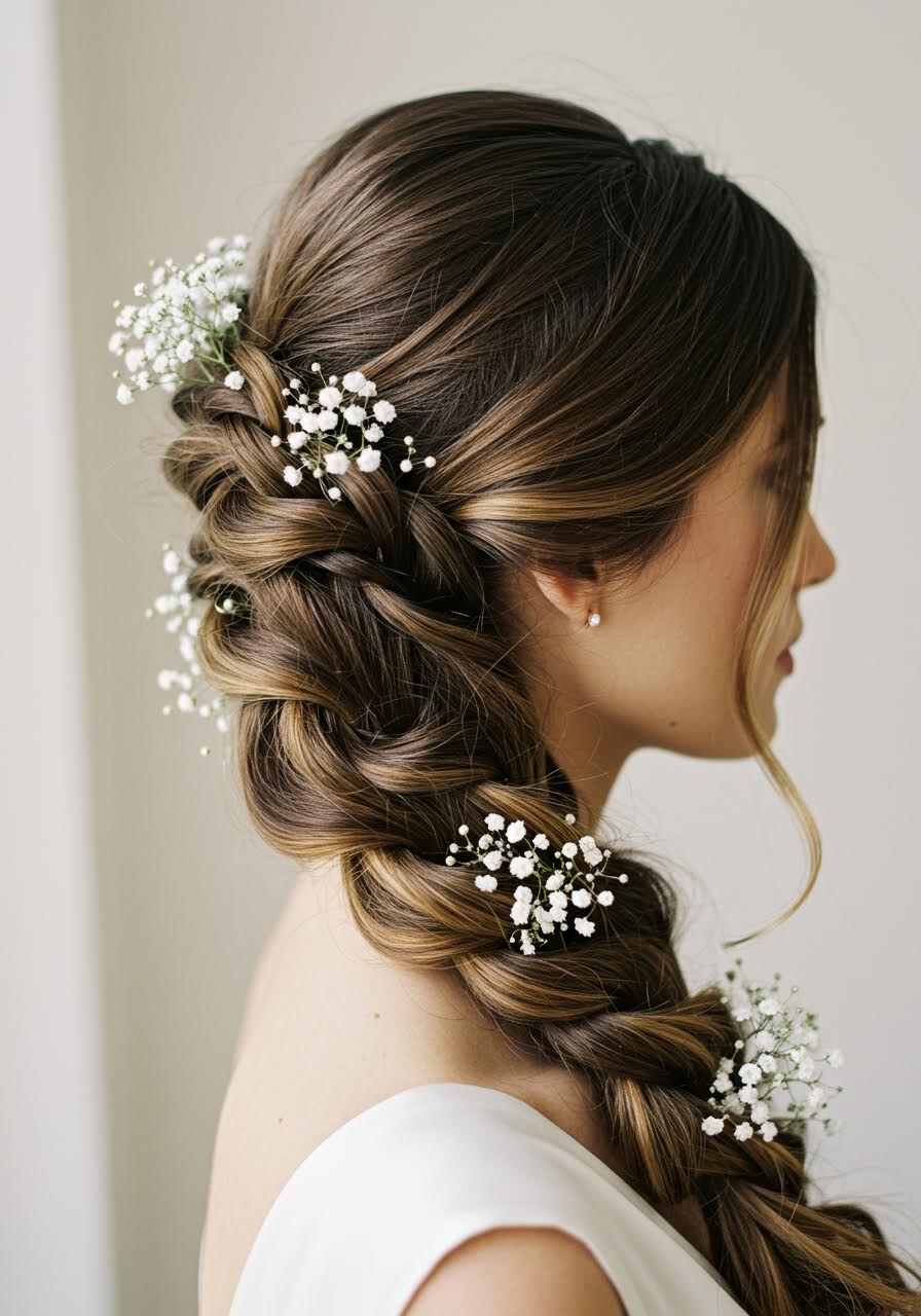 Profile view of bridal pull-through braid decorated with baby's breath