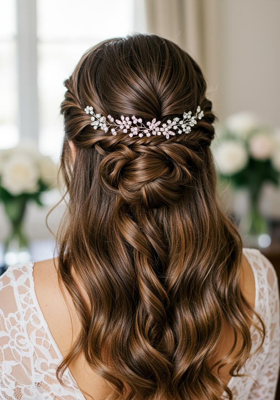 Bride displaying elegant braided chignon updo from back view