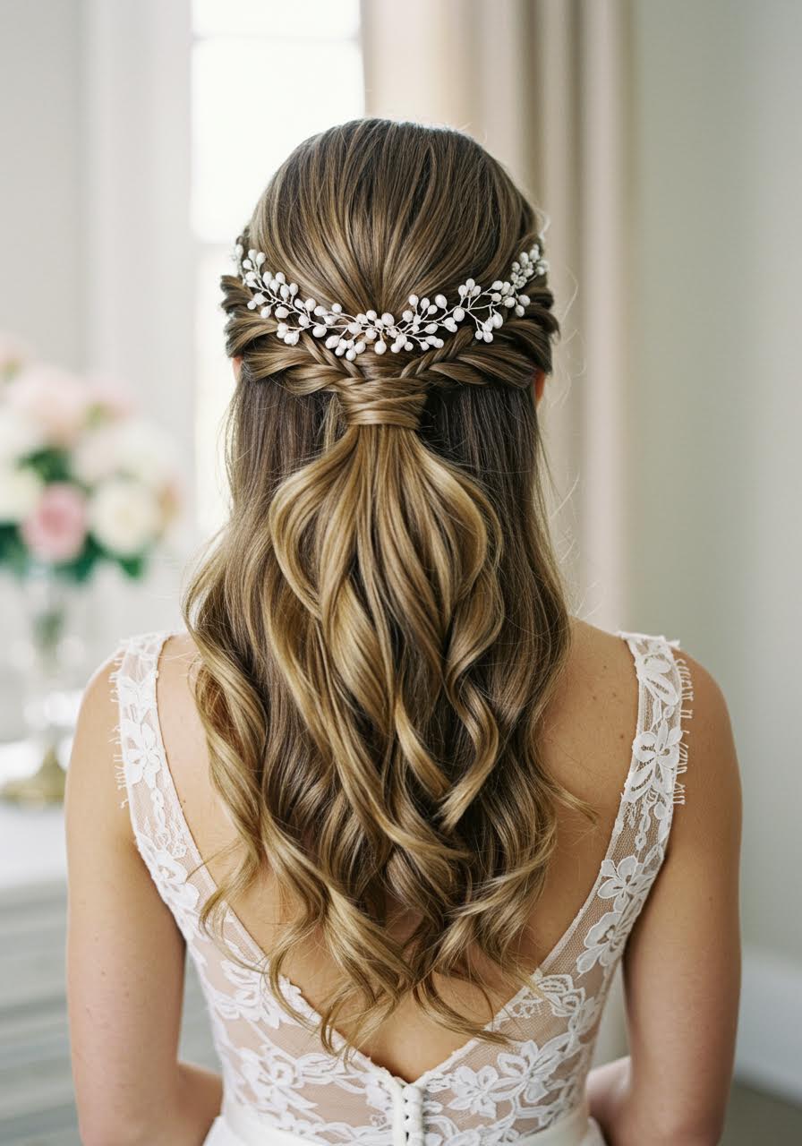 Bride with elegant braided low ponytail adorned with pearl hair vine
