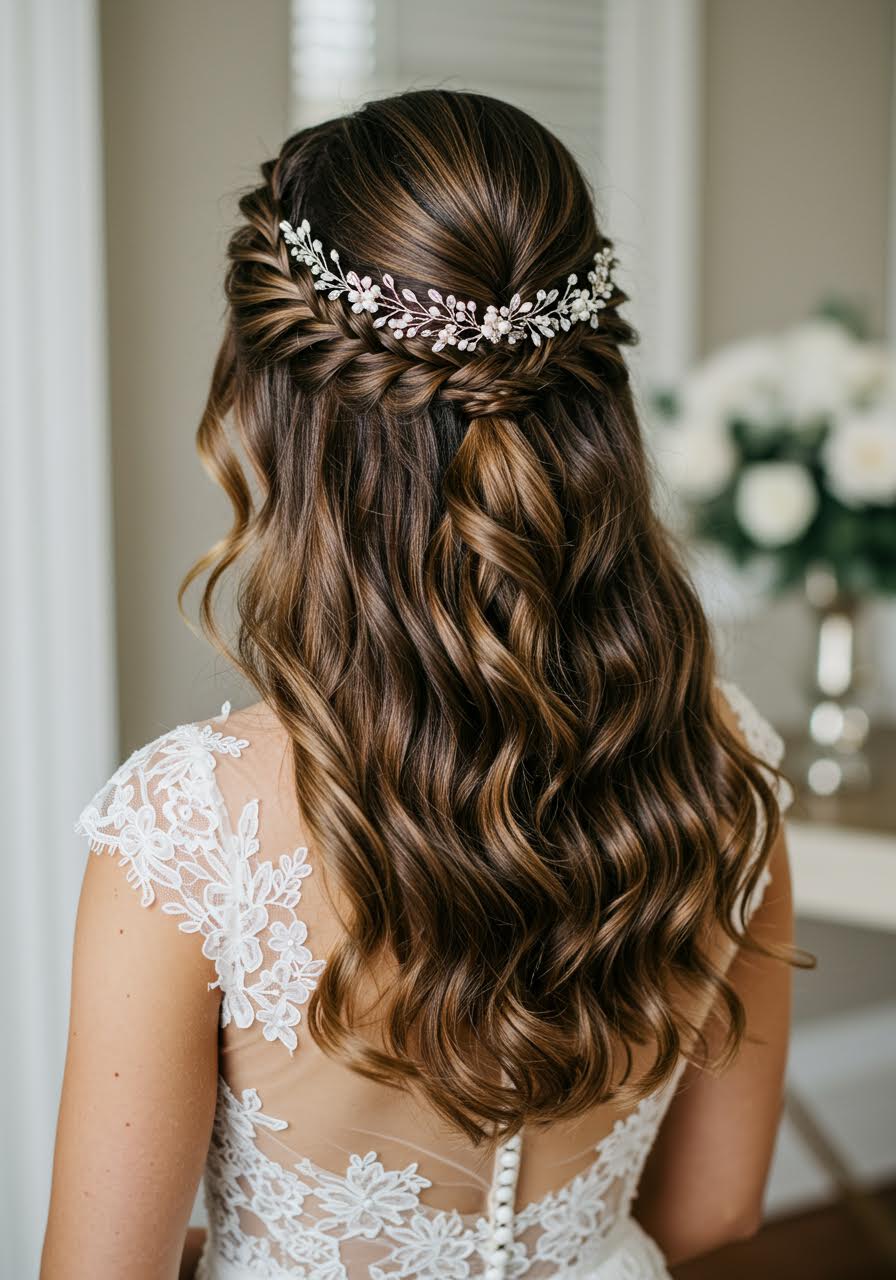 Bride with elegant half-up crown braid hairstyle in soft natural light