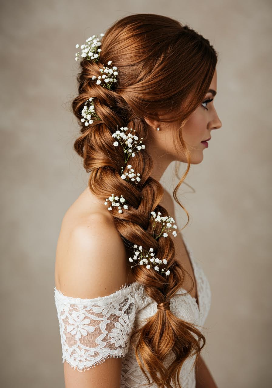 Professional studio portrait of bride with cascading waterfall braid