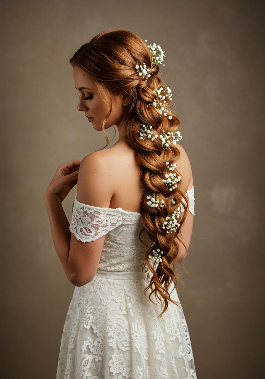 Standing bride portrait featuring waterfall braid with natural curls