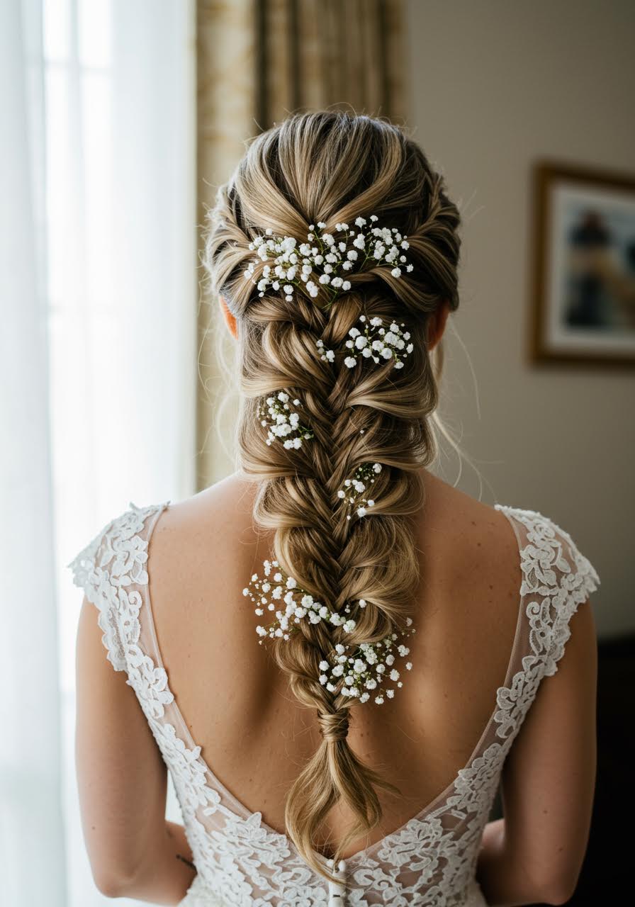 Classic three-strand bridal braid adorned with delicate baby's breath flowers