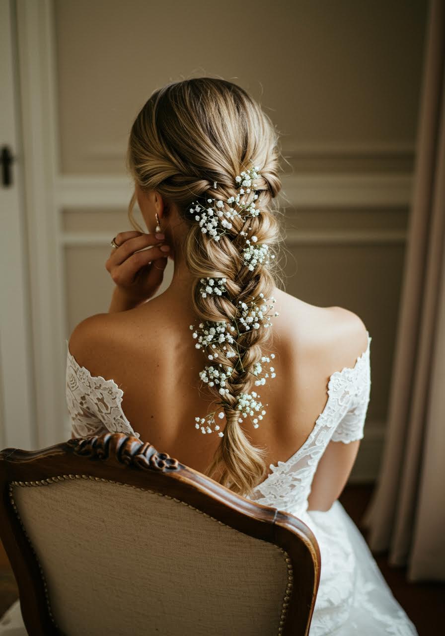 Bride adjusting her classic braid with baby's breath in warm lighting