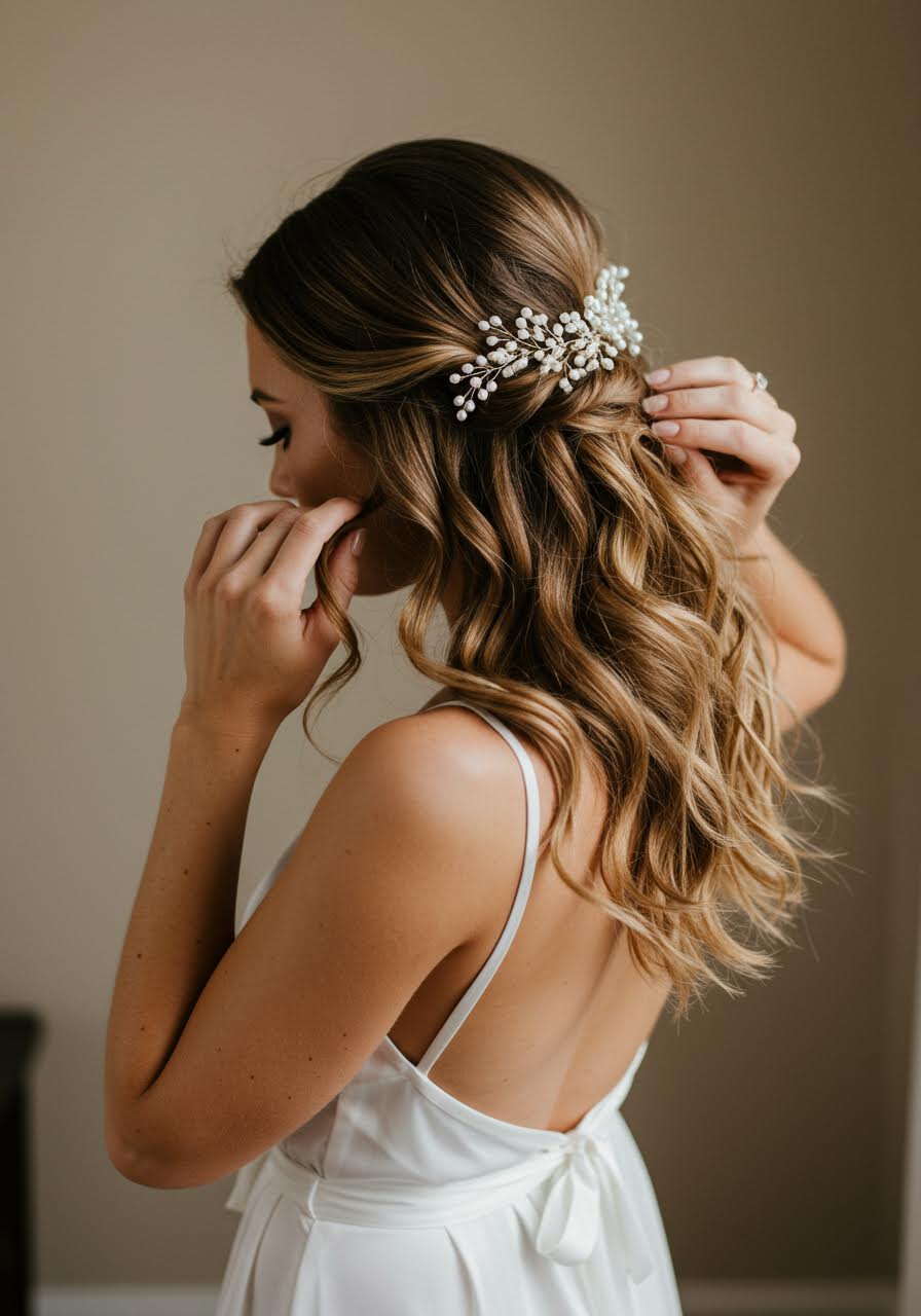 Bride adjusting pearl vine in twisted half-up bridal hairstyle