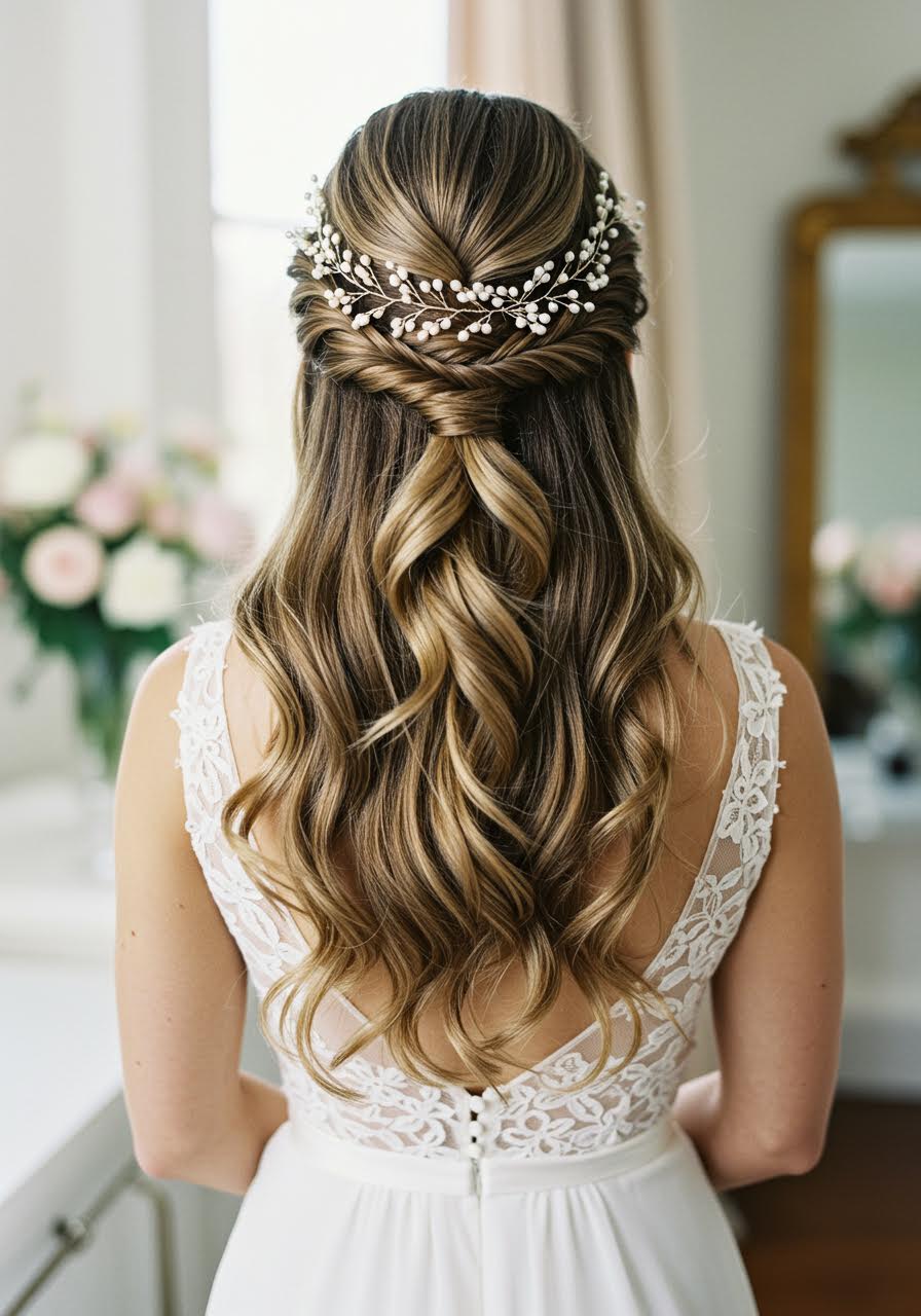 Elegant bride with half-up twisted hairstyle adorned with pearl vine