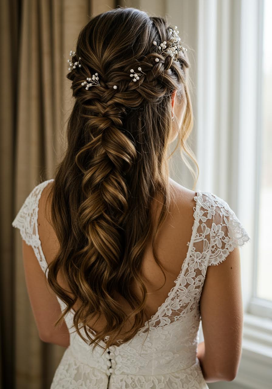Bohemian bride with relaxed Dutch braid and loose tendrils in golden light