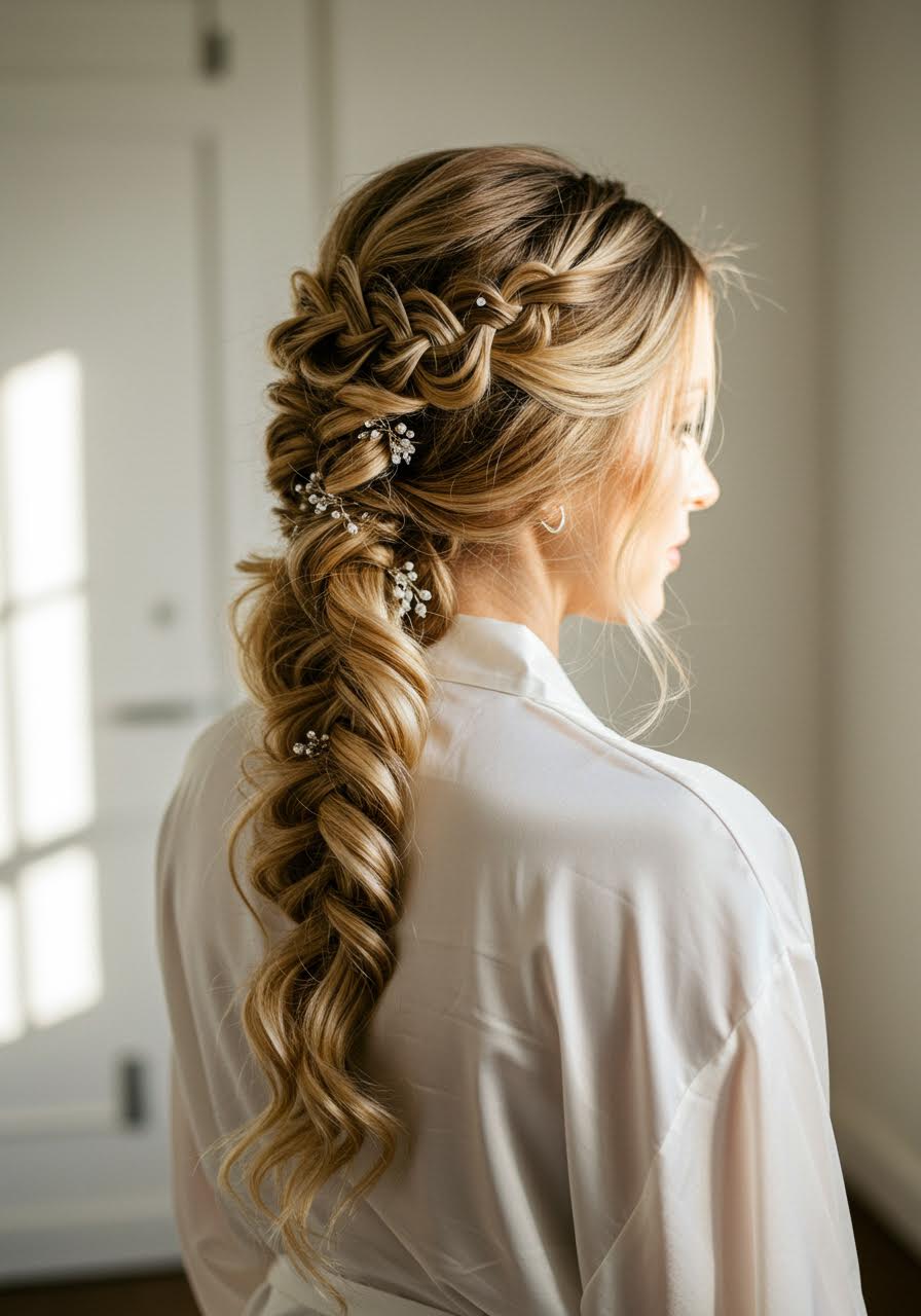 Bride with flowing fishtail braid captured in warm golden hour lighting