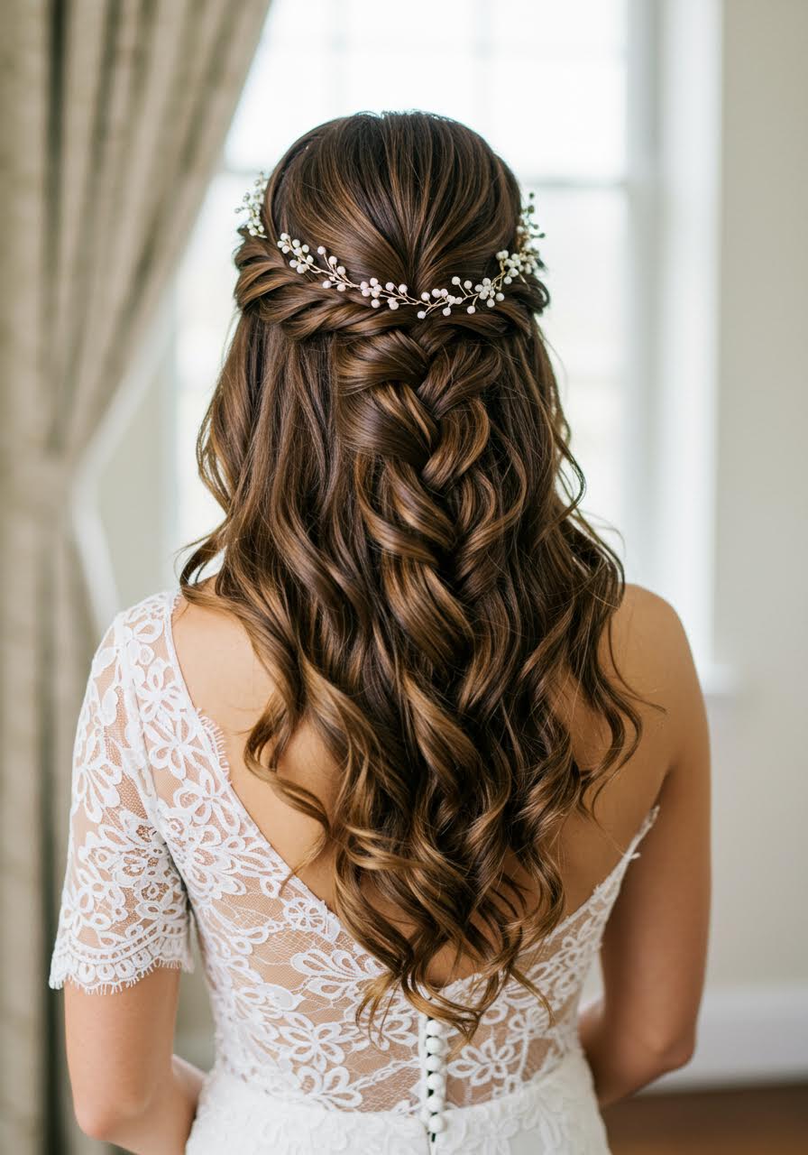 Bride displaying ethereal waterfall braid with cascading curls from back view