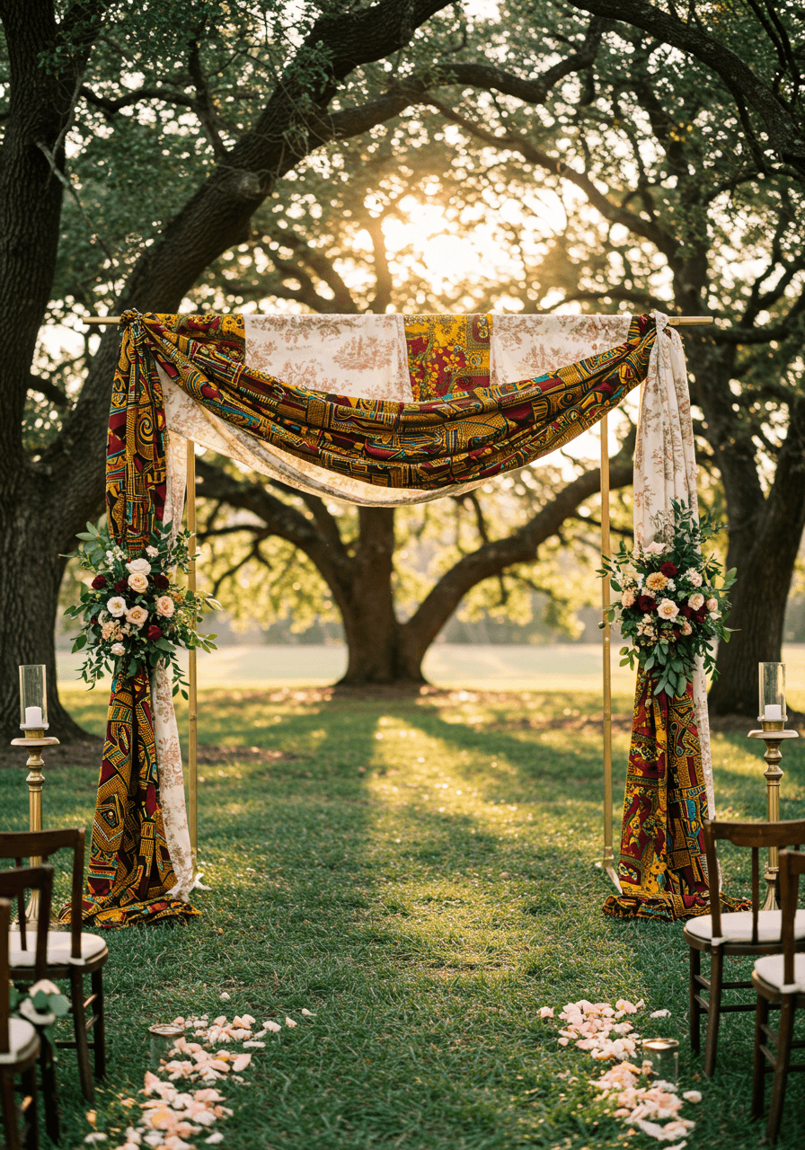 Towering wedding arch with burgundy tribal prints and French toile patterns under oak trees