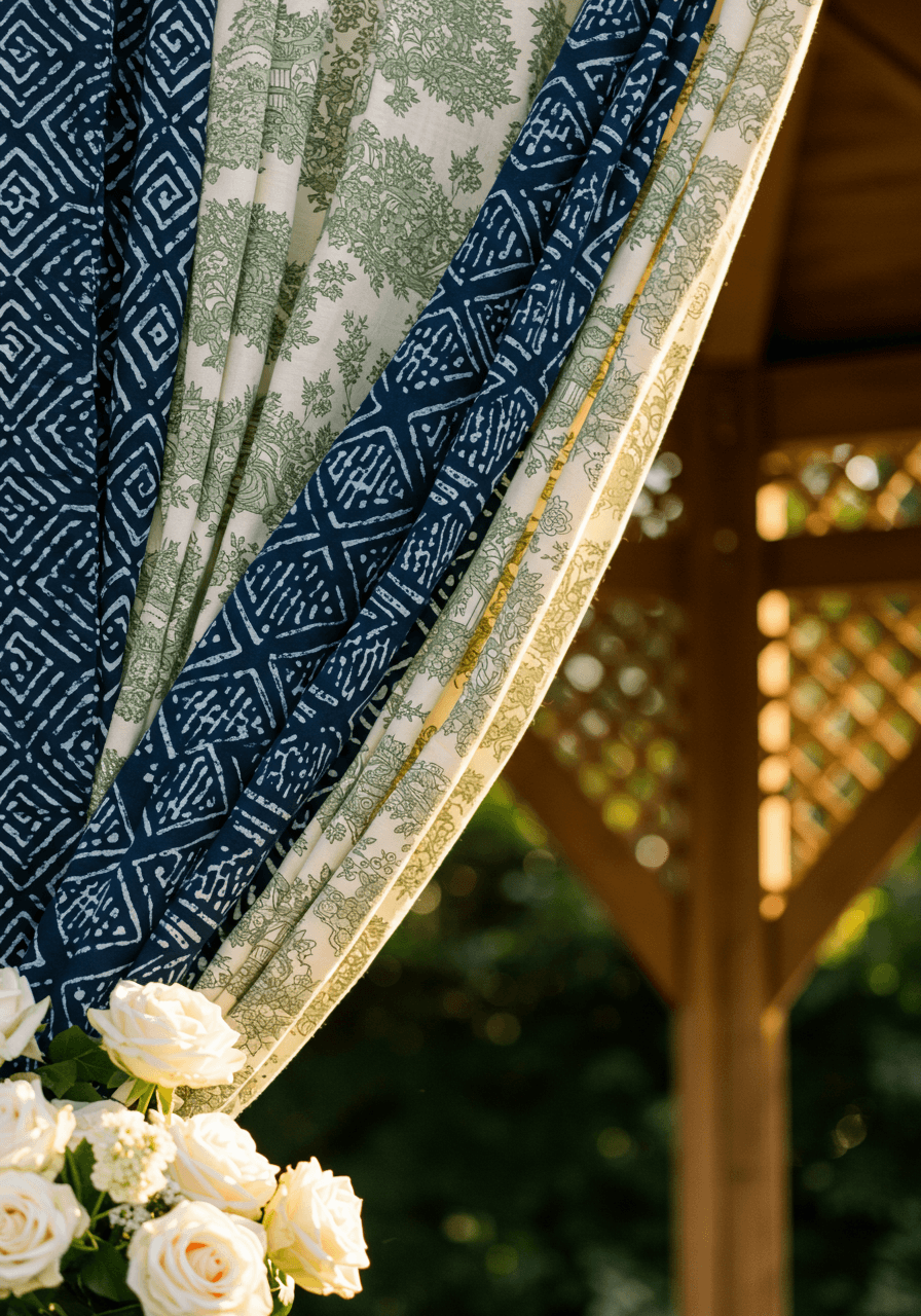 Close-up detail of indigo geometric mudcloth fabric meeting sage green toile pattern