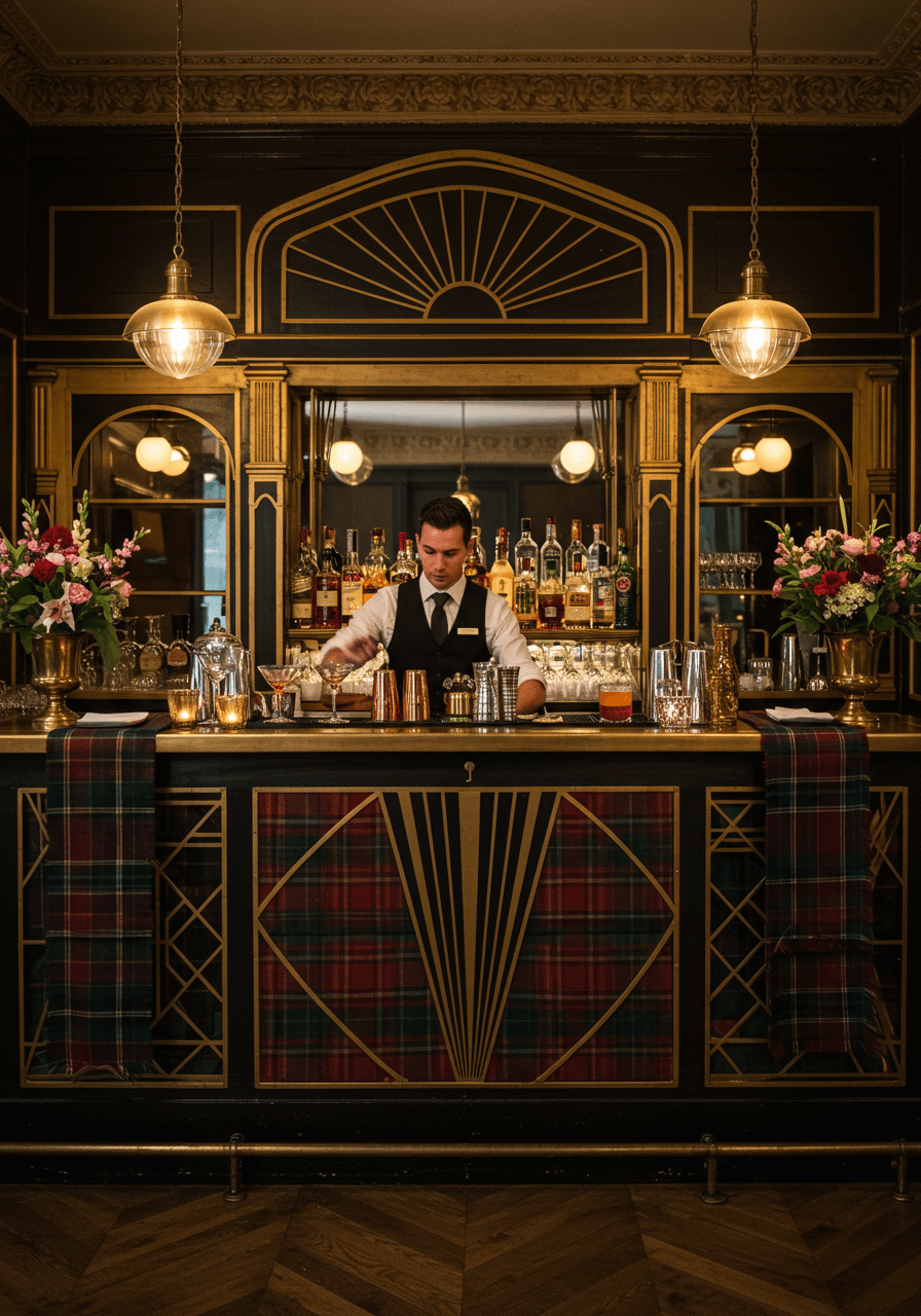 Bartender mixing cocktails behind bar decorated with tartan runners and Art Deco metalwork