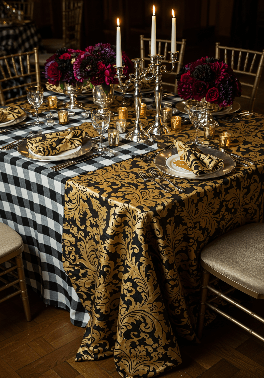Overhead view of gingham and Baroque table styling with silver candelabras and jewel-toned florals