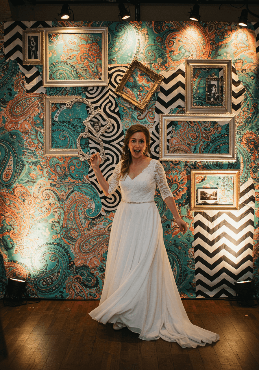 Bohemian bride in flowing white lace dress posing against bold paisley and geometric backdrop